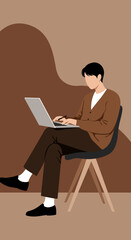 Illustration of a focused man using a laptop, perfect for depicting remote work, online education, or modern digital lifestyle concepts.