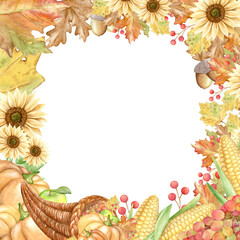 Watercolor square frame with hand drawn autumn illustrations:cornucopia,pumpkins,sunflowers,dry leaves etc isolated on white background. Suitable for design, printing, decoration of Thanksgiving cards