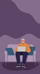Mature man with a white beard focused on his laptop while sitting on a comfortable sofa, representing online learning or remote work.