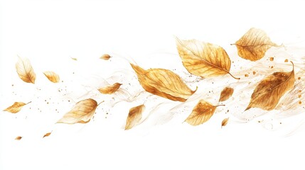 Golden autumn leaves swirling in a gentle breeze, creating a dynamic, ethereal composition against a white backdrop