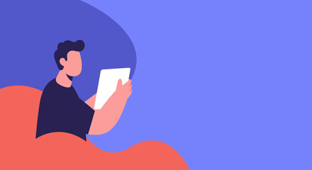 Man using a tablet for reading or work, depicting modern digital lifestyle, remote connectivity, and online learning. Ideal for technology, education, or leisure concepts.