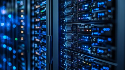 Modern server room with glowing blue lights and technology infrastructure, data center operations