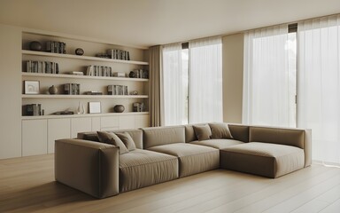 Modern modular sectional sofa in a bright living room with floor to ceiling windows and built in bookshelves