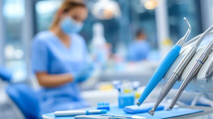 A close-up view showcases sterilized dental instruments arranged on a blue surface, with a blurred background of medical professionals attending to patients in a bright clinic.
