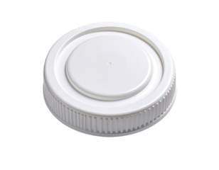Close-up of a white plastic lid, circular with ribbed base