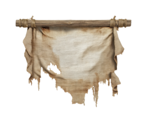 Ancient scroll displaying historical text museum exhibit digital eye-level perspective isolated on transparent background, png