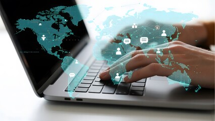Hands typing on a laptop with a holographic world map overlay, symbolizing global connectivity and digital communication.