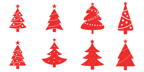 Obraz premium Christmas Tree Silhouette Vector Set, Holiday Decoration Icons, Festive Winter Symbols, Star Topped Trees, Garland Lights, Cad Drawing Flat Vector Illustration