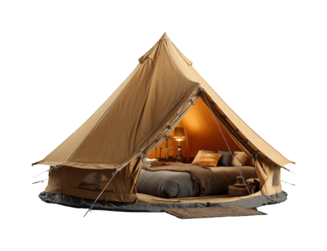 Luxury glamping tent experience campground interior design cozy retreat isolated on transparent background, png