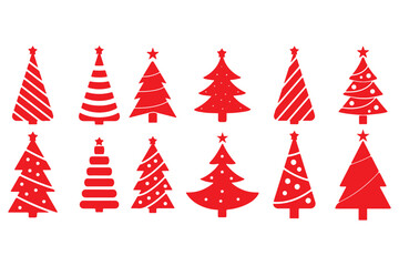 Obraz premium Christmas Tree Silhouette Vector Set, Holiday Decoration Icons, Festive Winter Symbols, Star Topped Trees, Garland Lights, Cad Drawing Flat Vector Illustration