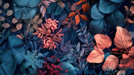 Vibrant Blue and Coral Botanical Illustration with Diverse Leaf and Flower Details