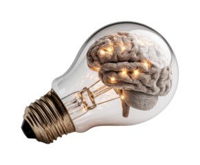 Innovative brain lightbulb concept creative design digital modern environment perspective isolated on transparent background, png