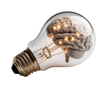 Innovative brain lightbulb concept creative design digital modern environment perspective isolated on transparent background, png
