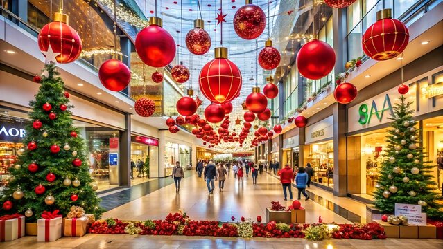 Festive shopping mall adorned with christmas decorations, creating a joyful atmosphere for holiday shopping and seasonal celebrations during the christmas time
