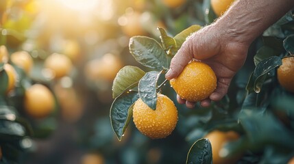 Hand reaching for ripe citrus fruit in orchard