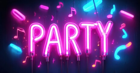 Bright neon sign spells PARTY. Musical notes surround text, vibrant pinks, blues dominate dark background. Festive, energetic visual.