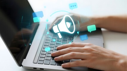 Person typing on a laptop with digital megaphone and speech bubbles overlay, symbolizing online communication or marketing.