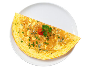 A single, golden-yellow omelet, sliced, on a white plate.  Fresh herbs and a cherry tomato garnish the top