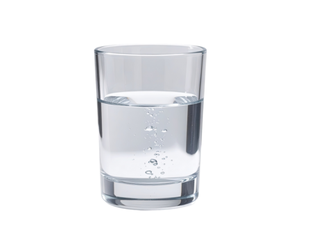 Clear glass shot glass filled with water, small bubbles rising