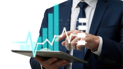 Businessman analyzing financial data on a tablet with holographic graphs