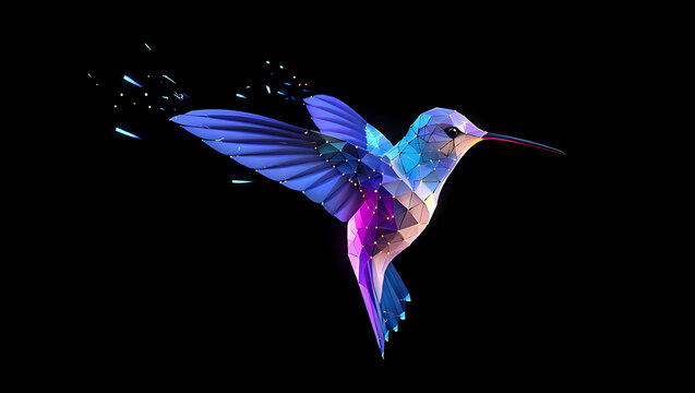Abstract hummingbird illustration against a black background, featuring vibrant colors and geometric shapes, creating a modern and artistic design - Powered by Adobe