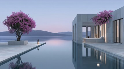 Modern, minimalist villa with infinity pool overlooking tranquil sea.  Pink blossoms accentuate the serene scene
