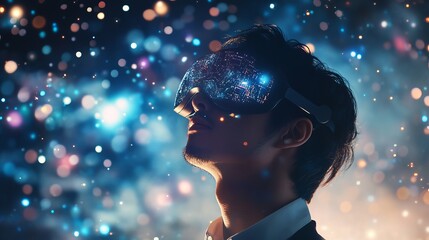 Man experiences futuristic virtual reality headset amidst glowing bokeh lights, exploring digital worlds.