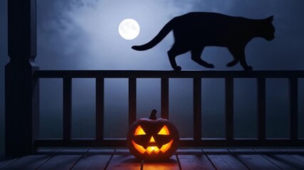 Eerie Halloween Night: Black Cat Walks Railing Past Glowing Jack-o'-Lantern Under Moonlight - Powered by Adobe
