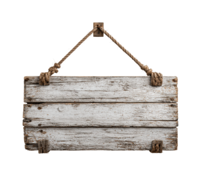 Rustic wooden sign hanging in nature environment product isolated on transparent background, png