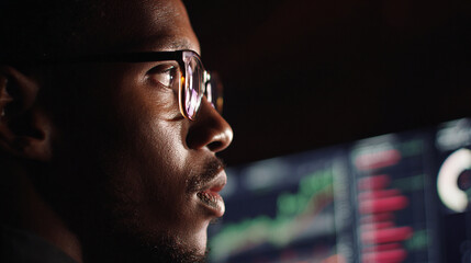 Focused businessman analyzes financial data on screen