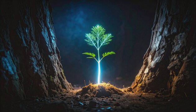 A vibrant new sprout glows brightly from the deep, dark earth, symbolizing powerful hope, resilient growth, and the remarkable emergence of life into an illuminated world