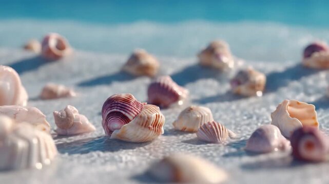 Shells on Sandy Shore: A collection of beautifully textured shells resting on a pristine, sandy shore with a gentle wave, the serene ambiance of the coastline.