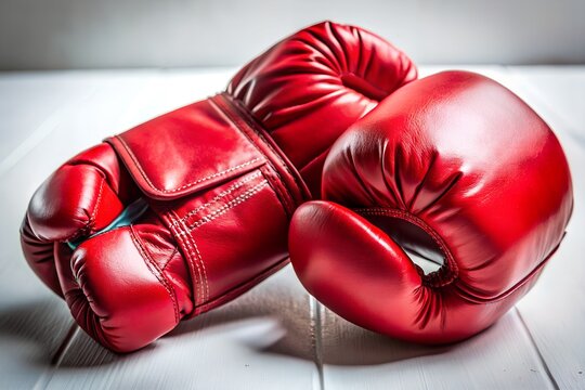 Closeup of a pair of red boxing gloves on a white wooden surface, showcasing the equipment used in combat sports and fitness training for strength and power