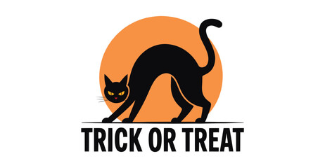 Stylized black cat with glowing eyes in front of orange moon and “Trick or Treat” text, spooky Halloween illustration for festive design