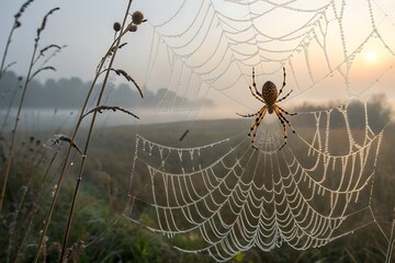 Hub of Nature: Close-Up of Orb-Weaver in Its Web Center