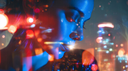 Fototapeta premium Modern woman in neon city lights dreamscape