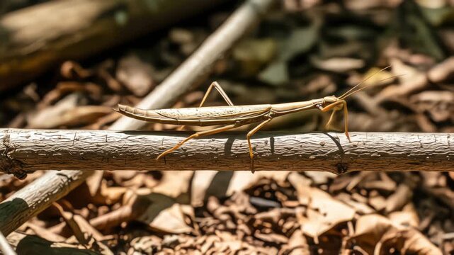A stick insect perfectly camouflaged on a sunlit branch in its natural forest habitat