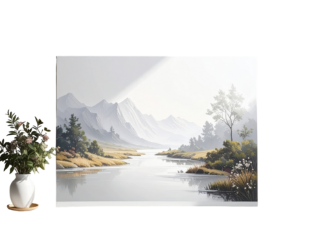 Misty mountain landscape painting, serene river - Powered by Adobe