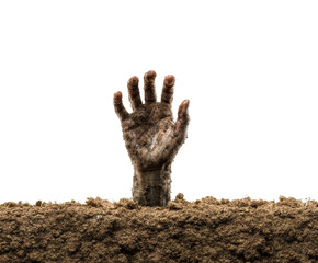 Zombie hand emerging from grave soil eerie scene horror concept isolated on transparent background, png