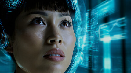Futuristic woman explores digital data interface