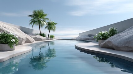 Obraz premium Serene, minimalist pool scene with white rocks, palm trees, and blue water