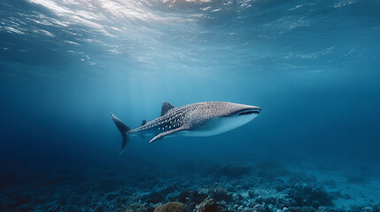 Naklejka premium Majestic whale shark gracefully swims through clear blue ocean waters above a vibrant coral reef. Represents tranquility, marine life, and underwater beauty. Ideal for conservation travel.