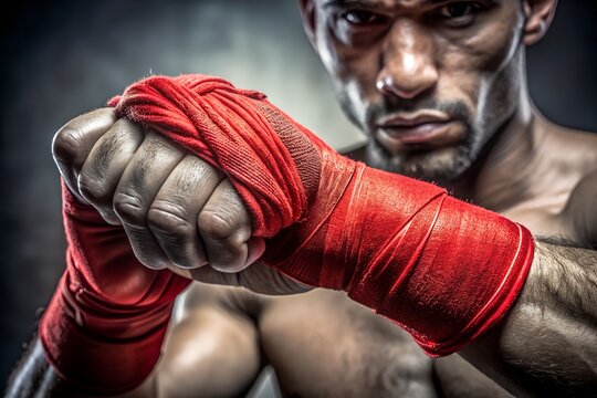 Intense male boxer with wrapped hands ready for combat, showcasing strength, determination, and the raw power of the sport, embodying the spirit of a true fighter