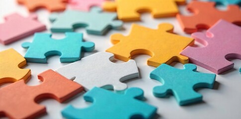 Fototapeta premium Close-up shot of assorted plain puzzle pieces, scattered on a neutral background Perfect for illustrating concepts of problem-solving, strategy, and completion , assembling, play