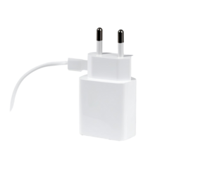 A white rectangular wall charger with two prongs and a cord