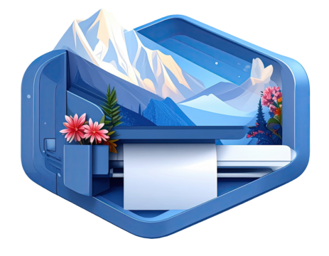 Stylized badge of a printer, showcasing a landscape print