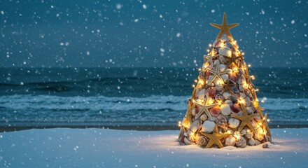 Festive seashell and starfish christmas tree on a winter beach with falling snow