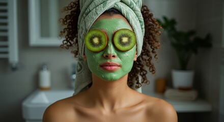 Young woman with green clay face mask and fresh kiwi slices over eyes in bathroom