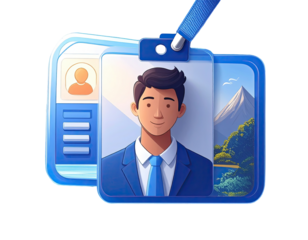 Colorful ID badge with a man's photo and details