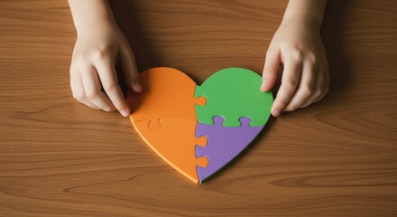 Young hands building a multicolored heart puzzle symbolizing connection and care